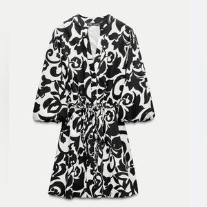 Zara printed poplin dress nwt medium black white